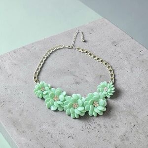Mint Green Flower Cluster Statement Necklace With Rhinestones Gold Chain